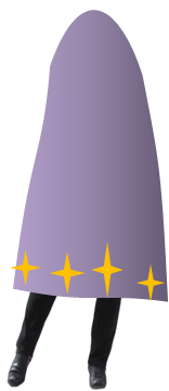 En person som är hemlig och har ett lila skynke med stjärnor över sig ner till knäna.