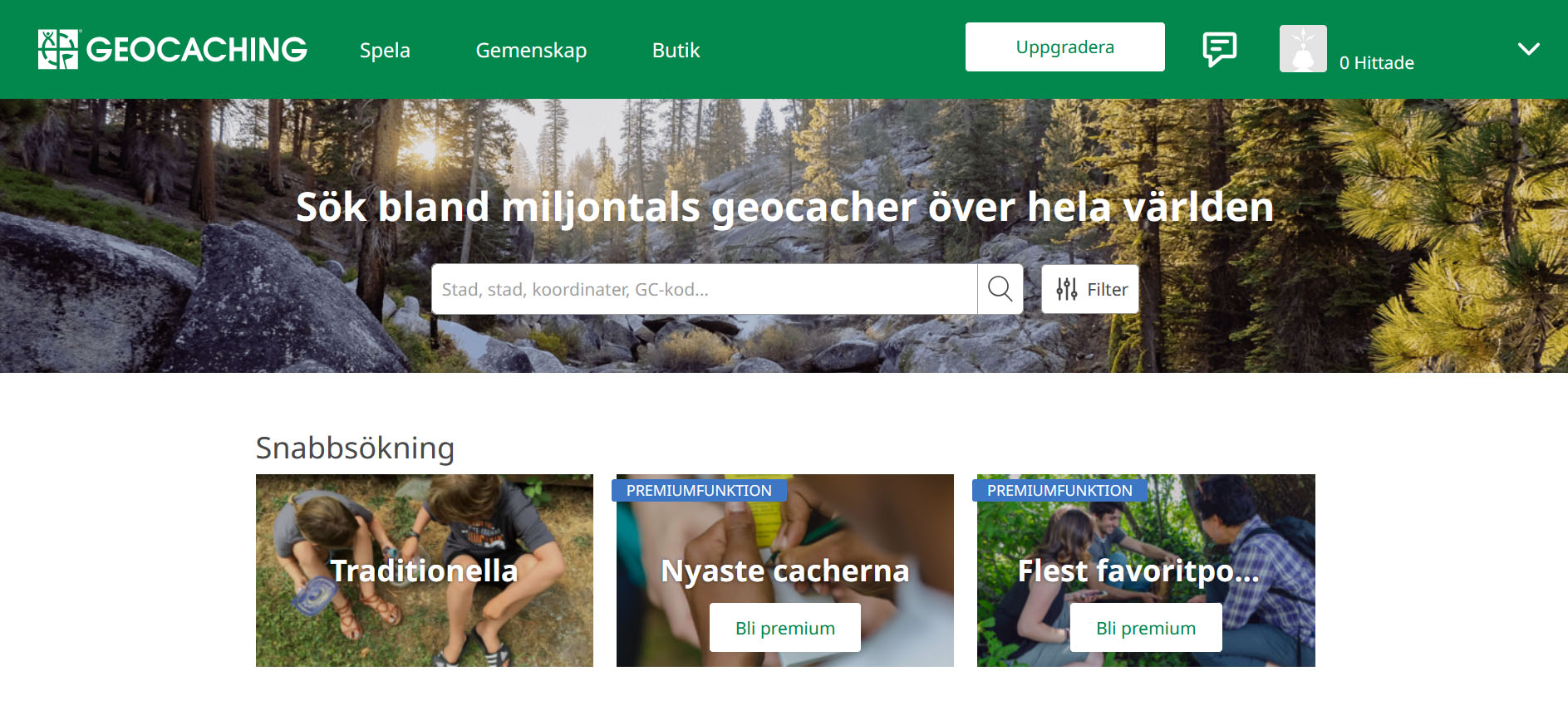 Skärmdump av hemsidan Geocaching.com.