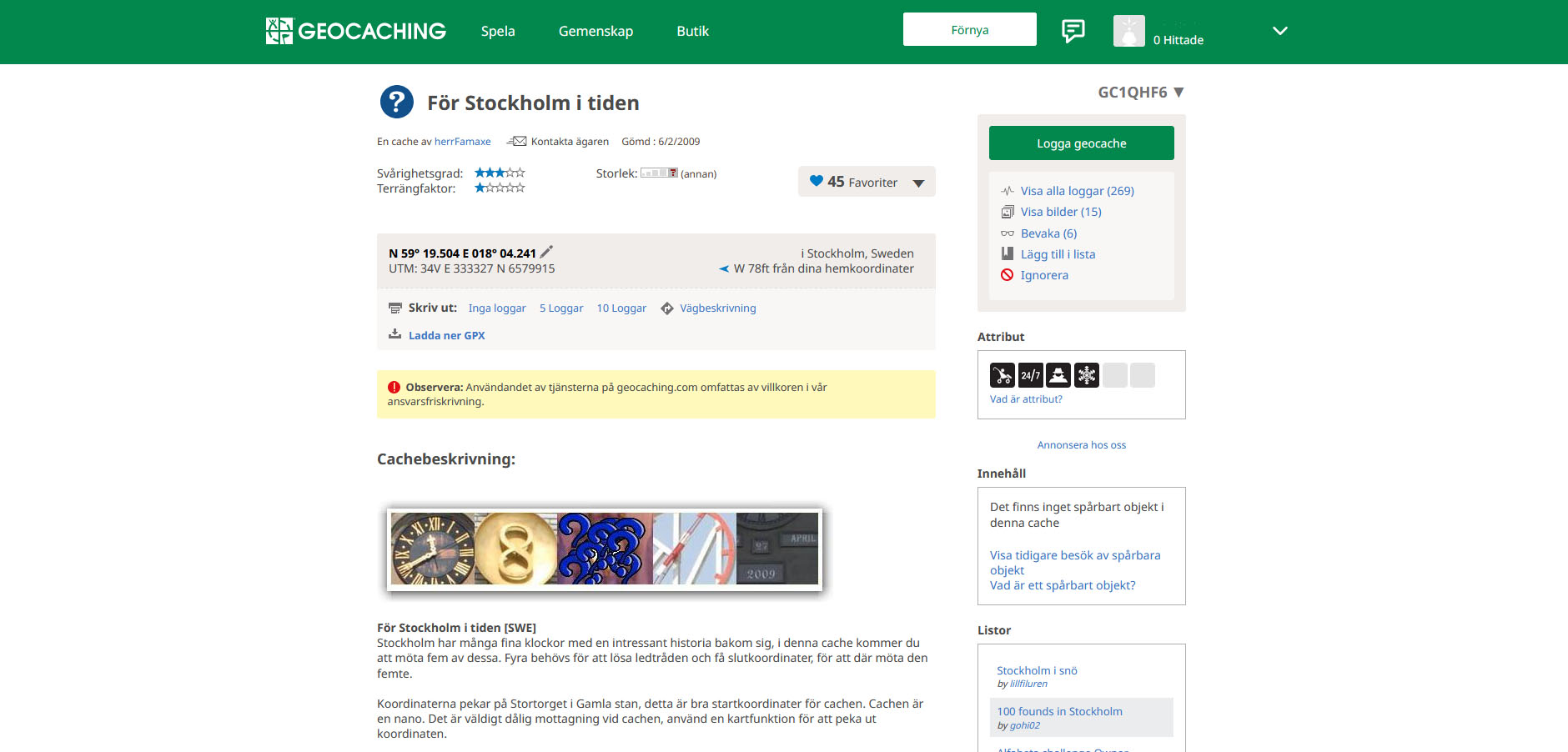 Skärmdump av informationssidan för en cache.