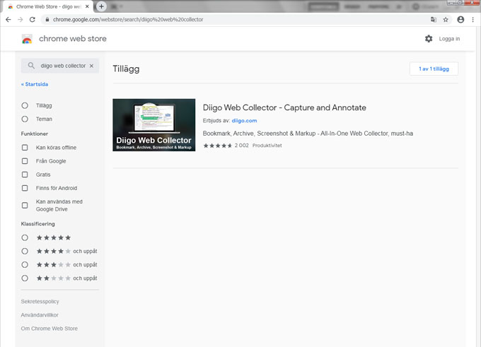 Skärmdump av Chrome Web Store.