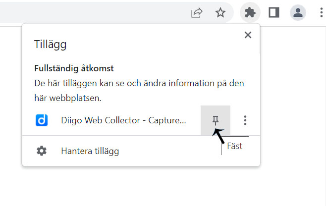 Skärmdump av tilläggsmenyn i Chrome där du kan se Diigo-knappen.
