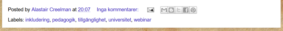 Skärmdump av etiketterna längst ner på ett blogginlägg.