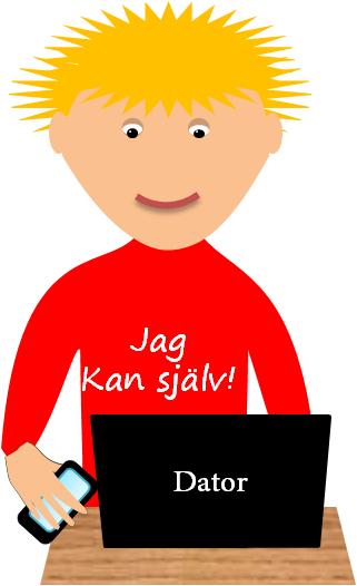 Illustration av Eva Svanström Elev vid datorn med en tröja med texten: Jag kan själv!