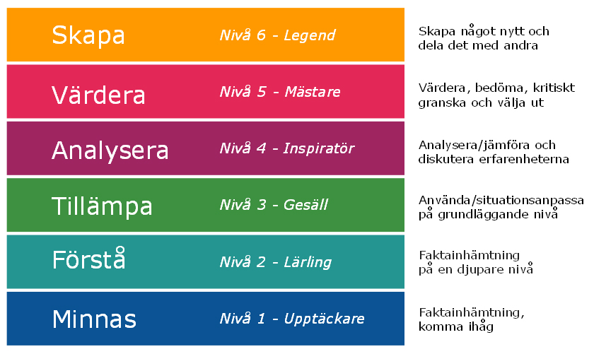 Nivåerna kopplade till lärandestegen i Blooms taxonomi. Nivå 1 är minnas, nivå 2 förstå, nivå 3 tillämpa, nivå 4 värdera, nivå 5 analysera och nivå 6 skapa.